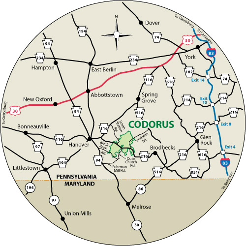 A circular map shows the roads near Codorus State Park.