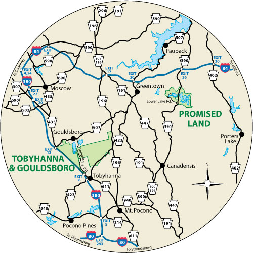 A circular map that shows the roads surrounding Gouldsboro State Park