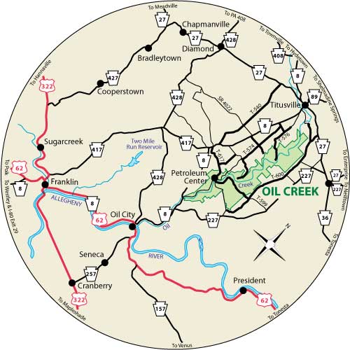 This circular map shows the roads near the park.