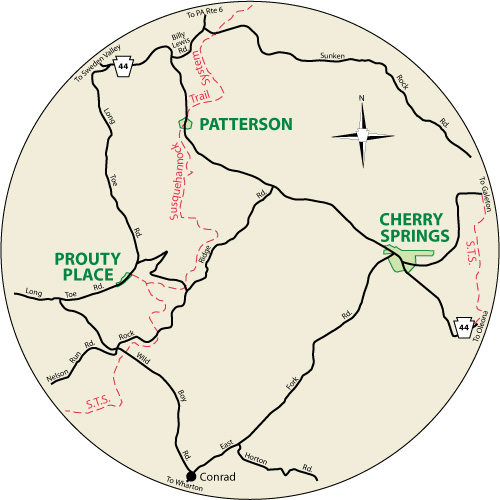 A circular map that shows roads near Patterson State Park.