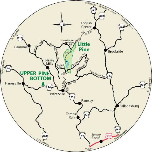 A circular map that shows the roads near Upper Pine Bottom State Park.