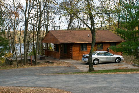 A modern cabin is near the lake at Gifford Pinchot State Park.