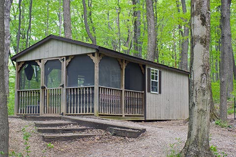 A cozy cottage with a screened porch is in a forest at Ohiopyle State Park.