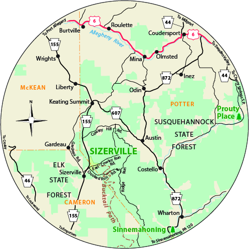 A circular map that shows the roads surrounding Sizerville State Park