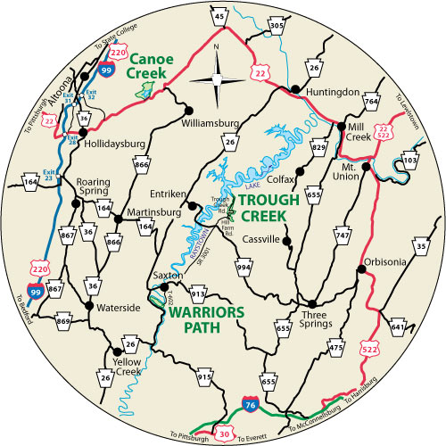 A circular map shows nearby roads to Trough Creek State Park.